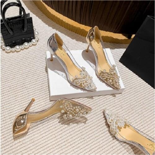 Autumn pointed stiletto sexy shallow mouth pearl transparent bridal wedding shoes banquet dress large size womens shoes