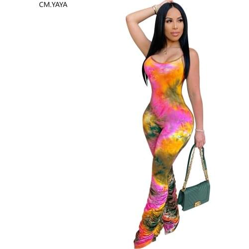 Women Sleeveless Tie Dye print skinny spaghetti strap bodycon long stacked bell bottom flare jumpsuit Romper One Piece Outfit