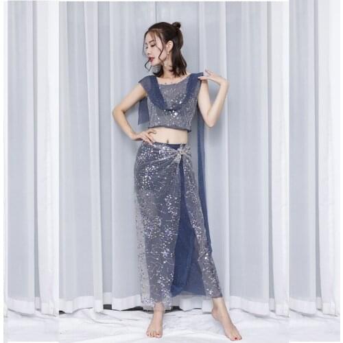 Women Belly Dance Costume 2-piece Set Top And Dress Adult Sexy Sequin Dress Practice Wear Oriental Bellydance Clothes For Girls