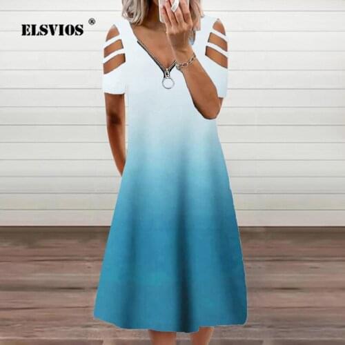 Hollow Short-Sleeve Zipper V-Neck Dress Summer Elegant Lady Flower Print Mid-Length Irregular Puff Dress Women Loose Street Wear