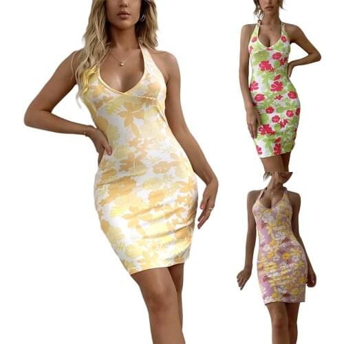 2021 New Female Short Dress, Floral Print Halterneck Strappy Sleeveless for Summer, Yellow/Purple/Green
