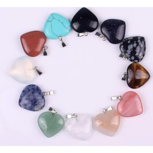 12pcs/lot High Quality 20mm Love Heart Necklace Pendants Natural Stone Crystal Agates Pendants Healing Meditation Pendulum