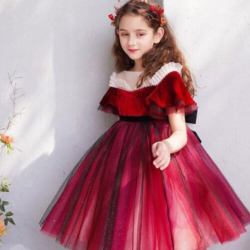Toddler Girls Big Bow Pageant Elegant Tutu Maroon Dresses Flower Girls Ruffle Sleeve Kids Princess Ball Gown Performance Dance 3