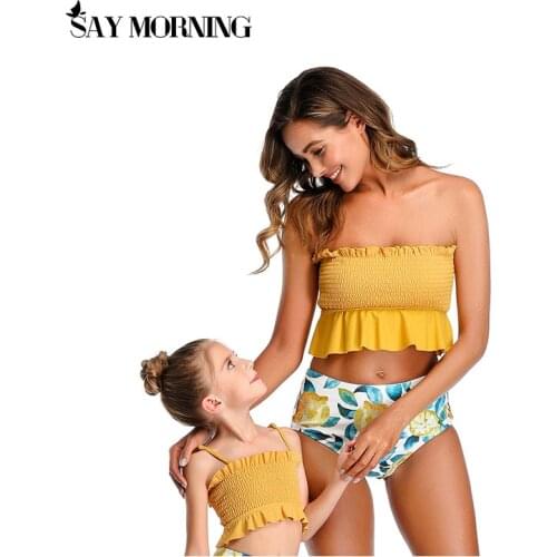 SAY MORNING Bikini Parent-Child Swimsuit High Waist Pleated Two-Piece Swimwear Bathing Suit Beach Swimming Suit New 2021 Swim