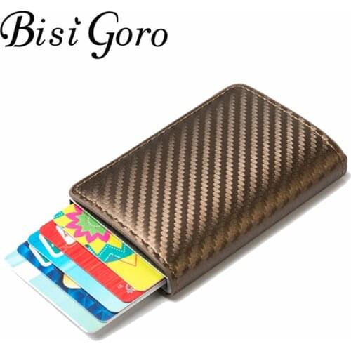 Bisi Goro RFID Metal Card Holder Clutch Pop-up Smart Wallet Cardbon Fiber 2021 Leather Aluminum Box Slim Thin New Card Case