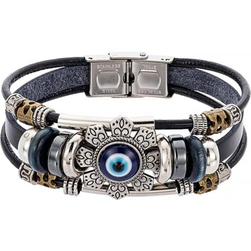 Turkish Evil Eye Bracelet Stainless Steel Bend Multilayer Leather Bracelet Punk Style Flower Jewelry Bangle Bracelet for Men