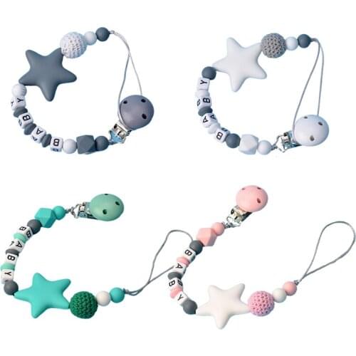 DEAREVERY Personalized Name Baby Pacifier Clips Five Star Style Silicone Crochet Beads Pacifier Chain Holder Nipple Accessory