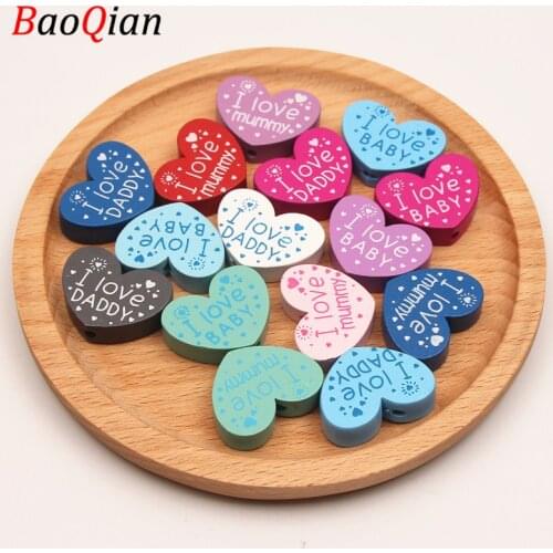 Handmade I Love BABY/DADDY/mummy Wooden Beads 10Pcs/Lot Heart Spacer Beads For jewelry Making DIY Pacifier clip 23*29mm