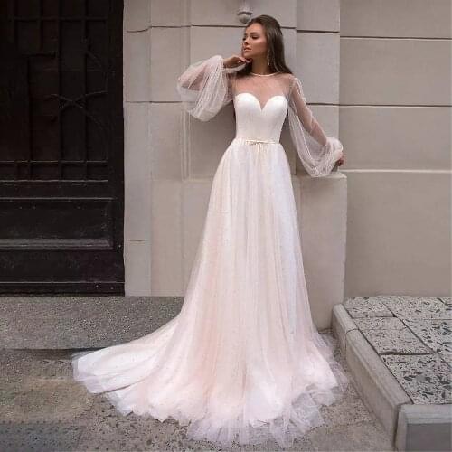 Elegant A-Line Long Puffy Sleeves Wedding Dress With Pearls Transparent Back Tulle Custom Made Bateau Neck Sash Wedding Dress