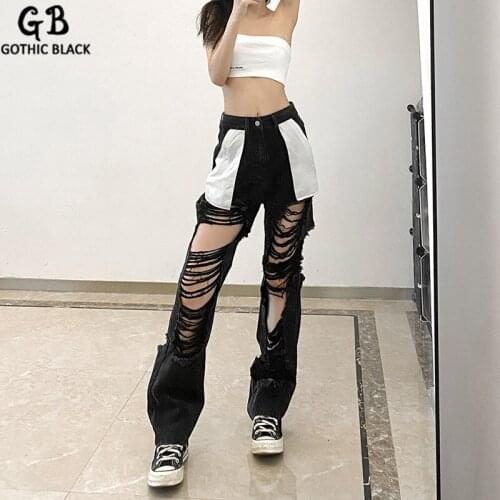Gothblack Pants Ripped Denim Straight Patchwork Loose High Waist Baggy Jeans Hollow Out Fashion Streetwear Women Causal Trousers