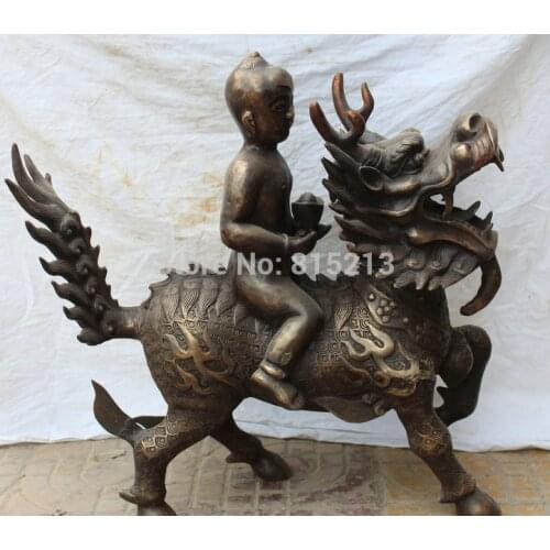 Bi0011696 24" Chinese Fengshui Bronze Boy lad Ride Dragon Kylin Beast Yuanbao Cai Statue