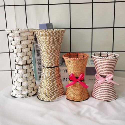 Euro-style Wrought Iron Rattan Straw Flower Basket Floor Vase Living Room Flower Arrangement Artificial Flower Decoration Vase