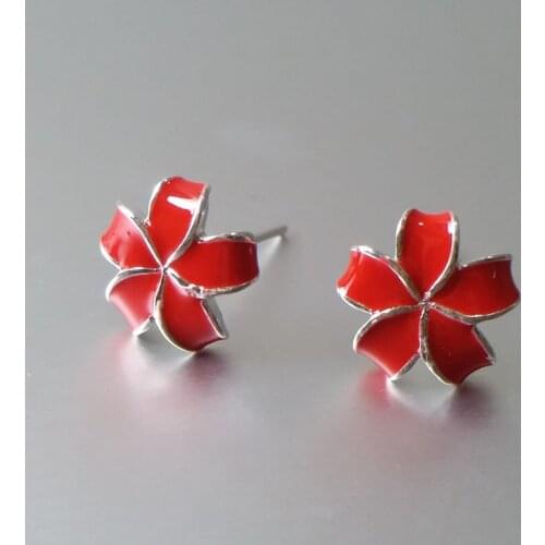Fashion red flowers 100% pure 925 sterling silver earrings floral cute stud earrings for women girls female jewelry gifts