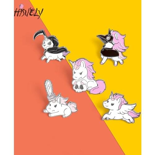 Creative cartoon high-end unicorn brooch pink skull pony five-piece cute suit fairy tale collar bag shirt fashion pin