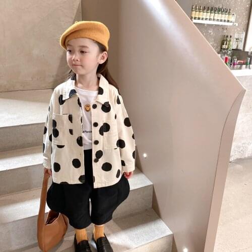 2021 Autumn New Girls' Cute Sweet Dot Print Casual Urn-down Collar Korean Fashion Coat Girls Coats Childrens Coat