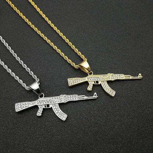 Hip Hop Rhinestone Paved Bling Iced Out Stainless Steel CS GO CSGO AK47 GUN Pendants Necklace for Men Rapper Jewelry