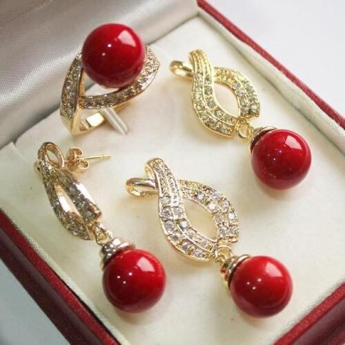 Prett Lovely Womens Wedding 1Set AAA 12mm Red Shell Pearl Pendant Necklace Earrings Ring Set mujer brincos for jewelry