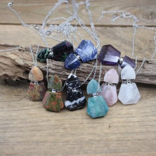 Silvery Necklaces Faceted Gems Stone Essential Oil Vial Pendants Sodalite Unakite Green Ruby Perfume Bottle Charm Jewelry QC1066