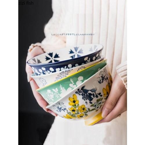 Modern Flowers Painted Ceramic Rice Bowl Household Fruit Salad Bowl Dining Table Tableware Set Dishes Kitchen Utensils Porcelain