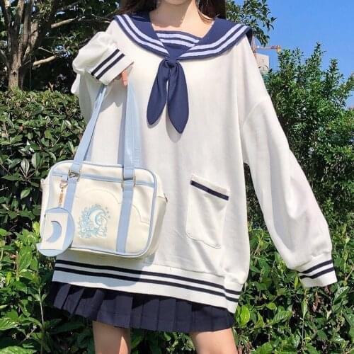 Japanese Preppy Style New Oversized Sweatshirt Sweety Sailor Collar Bow Cute Rabbit Ears Full Sleeve Fleece Keep Warm Sweatshirt