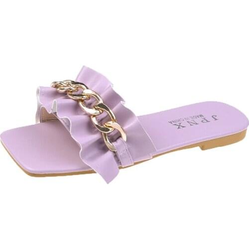 Low Heel Slippers Women Square Toe Slip On Summer Shoes for Woman 2021 New Fashion House Slipper with Chain Womens Indoor Slides