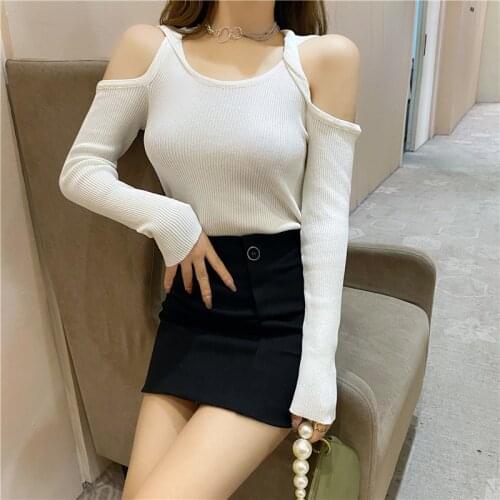 Wenfly Womens T-shirt Off Shoulder Design O-Neck Long Sleeve Solid Korean Temperament Cotton Pullover Tops Casual