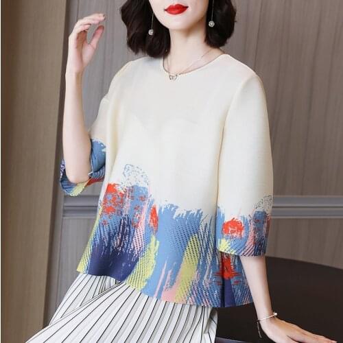 Miyak Pleated Half Sleeve Plus Size Top Women Summer Vintage Print Loose Casual O-Neck Elegant T-shirt 2021 Female Clothes Tee