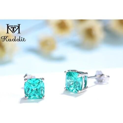 Kuololit Paraiba Tourmaline Gemstone Stud Earrings for Women Solid 925 Sterling Silver Cushion shape Female 2020 Fine Jewelry