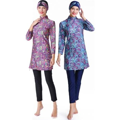 Women Floral Muslim Swimwear Sport Clothing Plus Size Burkinis Modest Full Cover Female Swimsuit Beach Sequins Swimsuit 3XL