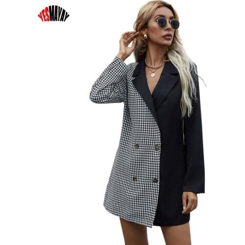 Double Breasted Blazer Women Long Sleeve Jacket 2021 Black White Plaid Elegant Tops Office Lady Slim Blazer Suit Outerwear Coat