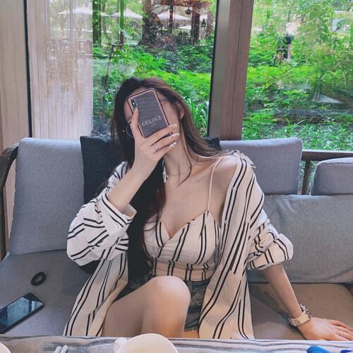 2021 Spring and Summer New Loose Striped Sunscreen Shirt + Chest Pad Sling Vest Suit Women