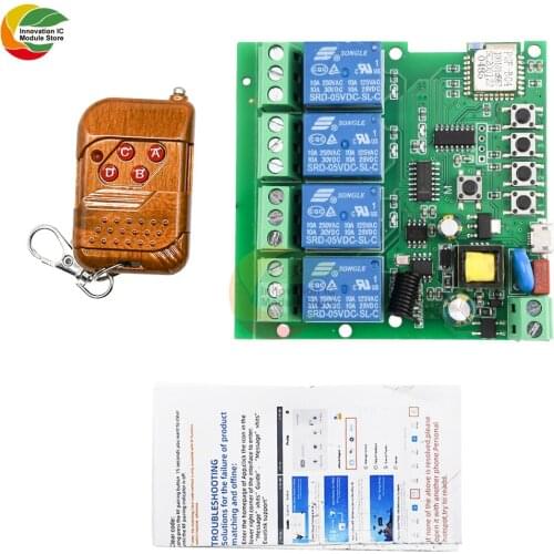 Ziqqucu 4 CH Self-Lock Interlock WiFi Relay Switch Module with Remote Control AC 85-220V/DC 5-32V 433Mhz for Arduino Smart Home