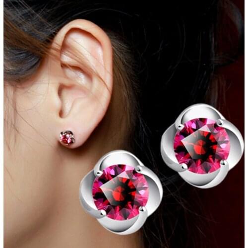 100% 925 sterling silver fashion red crystal rose flower stud ladies' earrings women wholesale jewelry gift drop shipping