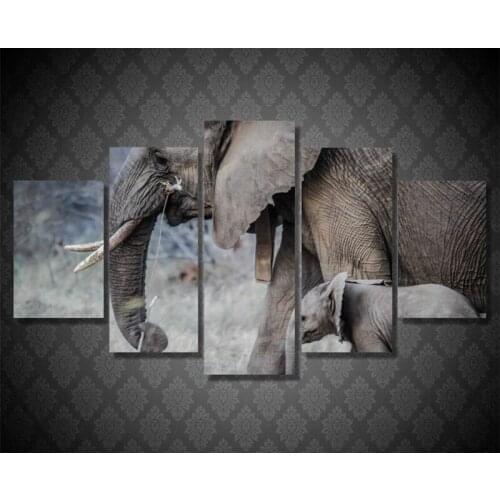 5 Pcs Canvas Art Paintings HD Printed Elephants Walk Young Trunk Tusks Canvas Wall Art Animal Picture Poster Prints Home Decor