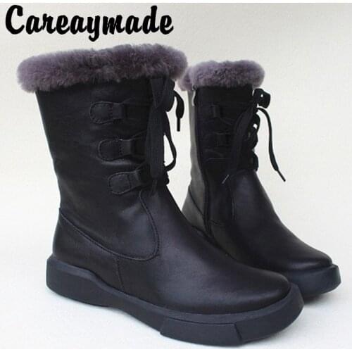 Careaymade-All-Cow leather, pure wool non-skid thick-soled and large cotton boots with warm snowfield comfort boots in winter