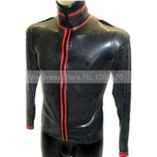 Black And Red Natural Latex Men Shirt Rubber Long Sleeves Front Zip Top Coat Handmade S-LSM012