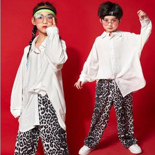 Kids Hip Hop Clothing Oversize White Shirt Stage wear Leopard Print Pants For Girls Boy Carnival Show Drum Dance Costume Clothes