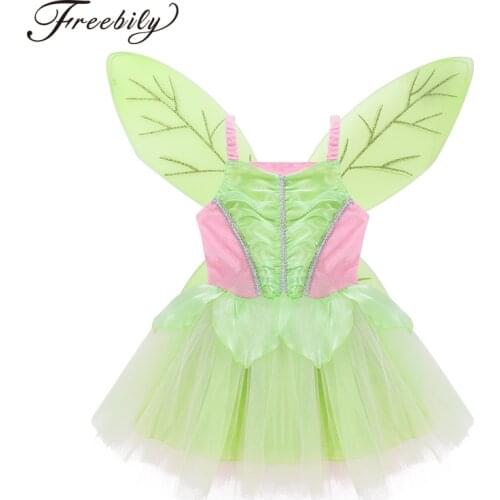 Kids Girls Green Fairy Costume Sleeveless Mesh Princess Fancy Dress with Glittery Wings for Halloween Dress Up Cosplay Party