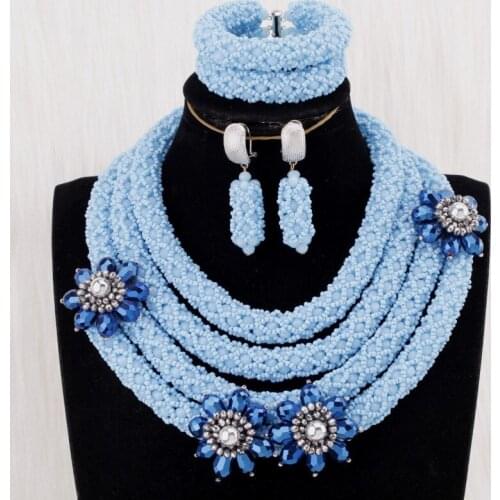 Dudo Genunine Crystal Dubai Necklace Set 4 Layers Sea Blue Handmade Craft Jewellery Set With Royal Blue Flowers 2020 Designs