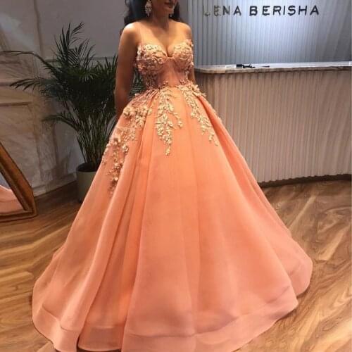 Elegant Dubai Arabic Long Prom Dresses 2020 Spaghetti Strap Sweetheart Peach Lace Beading Formal Evening Dress Robe de soiree