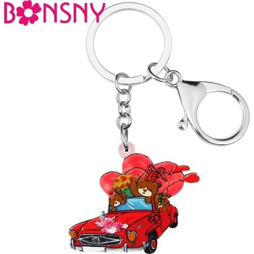 BONSNY Valentines Day Acrylic Red Heart Shape Bear Car Keychains Ring Novelty Purse Key Chain Jewelry For Women Girls Gifts