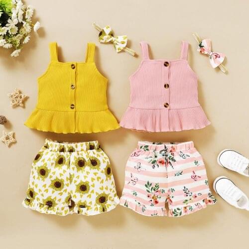 0-4Yrs Baby GIrls Clothes Suit Cotton Infant Kids Botton Tops Sunflower Shorts Headband 3Pcs Set Summer Clothing Outfits