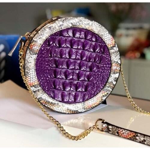 Ouruili Summer new European and American crocodile tailbone leather female bag solid color chain diamond women circular bag