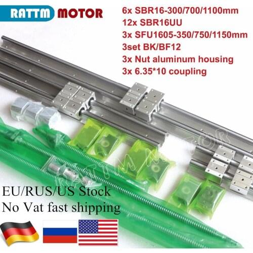 Linear rail SBR16 L : 300/700/1100mm With Ball screw SFU1605 350/750/1150mm with Nut & BK/B12 &Coupling for 3D printer CNC parts