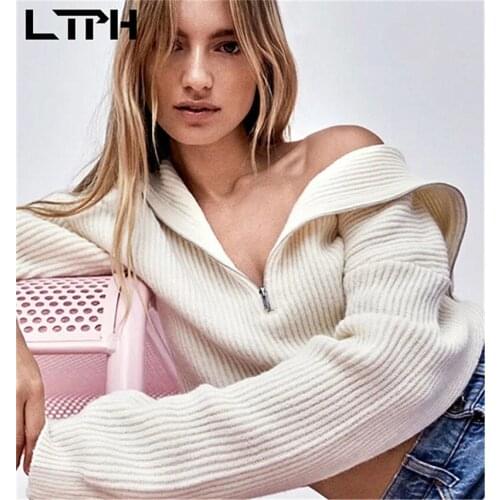 LTPH large lapel women sweaters half zipper pullovers long sleeve top knitted solid color loose casual jumpers 2021 autumn new