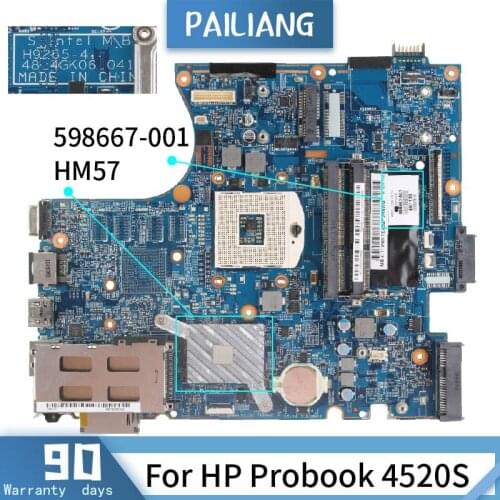 PAILIANG Laptop motherboard For HP Probook 4520S Mainboard 598667-001 H9265-1 HM57 DDR3 tesed