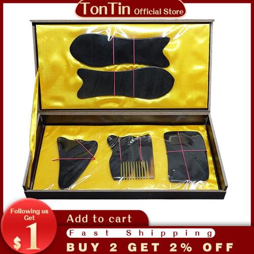 Gift Guasha chart! Wholesale & Retail Traditional Massage hard box kit 5pcs/set 100% ox horn
