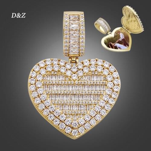 Heart-shaped Photo Pendant Open Round Engrave Supportable Iced Out Cubic Zircon Mens Hip Hop Custom Jewelry For Men Women Gift