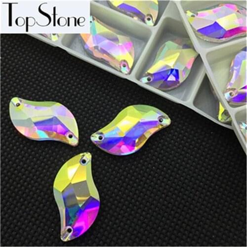 TopStone S shape Sew On Glass Crystal Rhinestones Clear AB Flatback 2 holes 6x12,10x20,15x30mm for Dress Making
