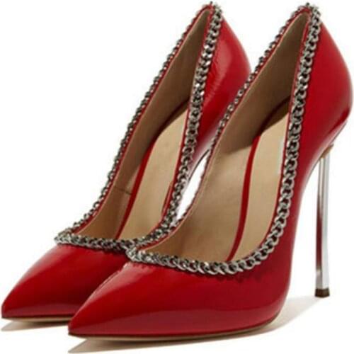 Pumps High Heels Pointed Toe Lady Shoe Thin Heel Brand Women Shoes Slip-on Fashion Chain Shallow Strange Style Single Shoes